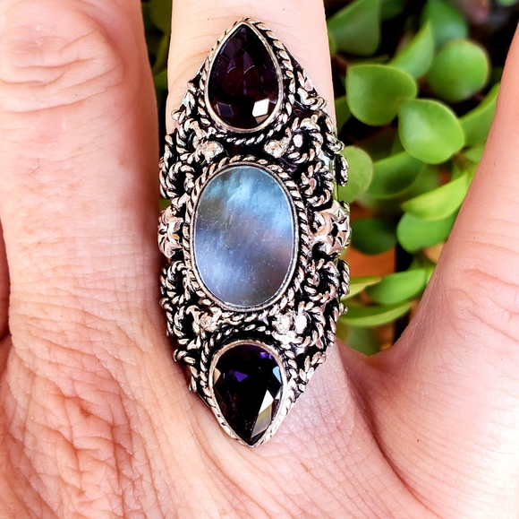 New Abalone Shell & Amethyst 925 Silver Statement Ring. - Picture 7 of 16